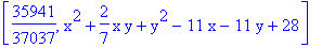 [35941/37037, x^2+2/7*x*y+y^2-11*x-11*y+28]